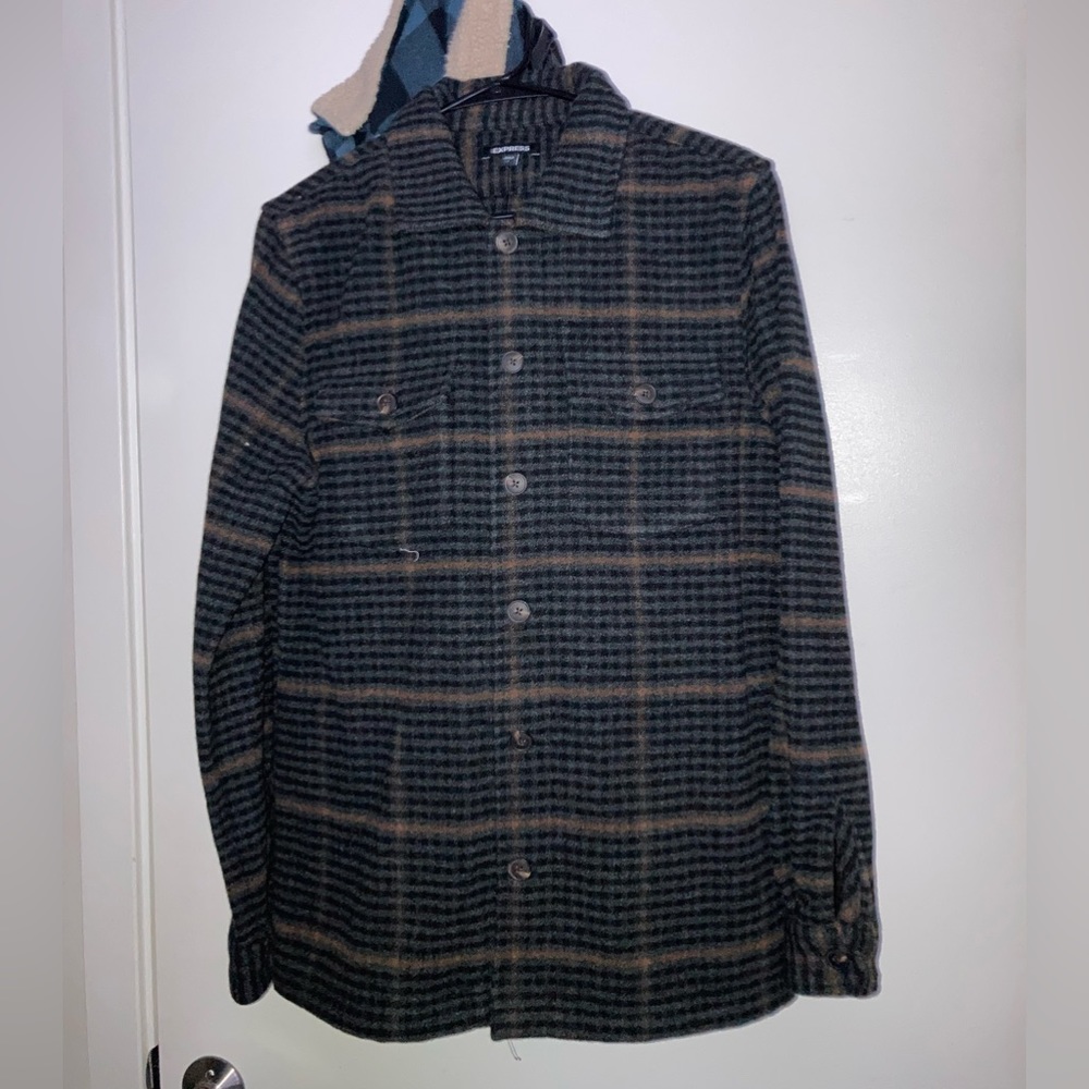 Express men’s size small button jacket, plaid, coat, black, and brown